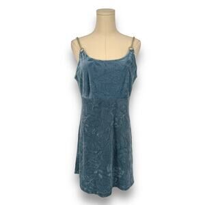 1990s Vintage Knapp Studio California Rose Burnout Velvet Blue Mini Dress Chain